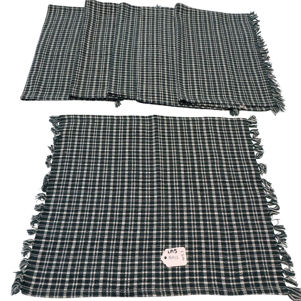 Primitive Green White Check Fringed Cotton Placemats Set of 4 Hand Loomed 18x13